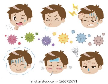 Illustration of an unwell boy and virus(Version without a line)