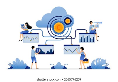 illustration of upload and access financial data from the cloud and displayed in graphs by machine learning apps. Vector design for landing page, web, website, mobile apps, poster, flyer, ui ux