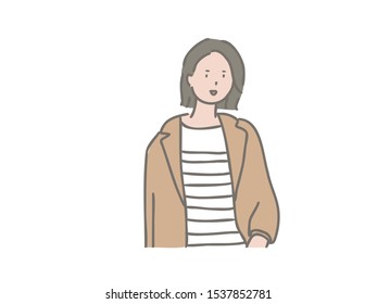 Illustration of the upper body of an adult fashionable woman.