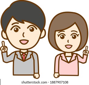 Illustration of the upper body of an adult man and a woman in a suit with their index fingers raised to explain the points