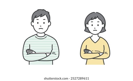 Illustration of an upper body of an adult man and woman thinking with their arms folded