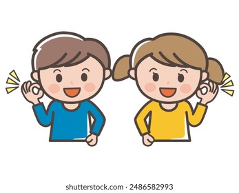 Illustration of upper body of a boy and a girl smiling OK (elementary school, toddler, child)