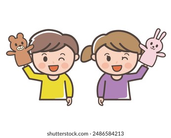Illustration of upper body of a boy and a girl playing with bear and rabbit puppets (elementary school, toddler, child)