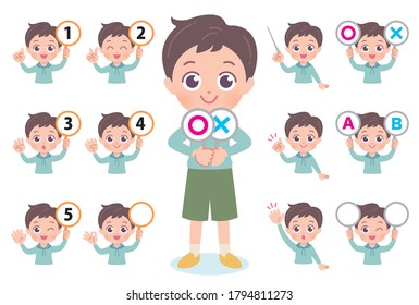 It is an illustration of the upper body of a boy saying various answers.Vector art so easy to edit.