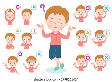 It is an illustration of the upper body of a boy saying various answers.Vector art so easy to edit.