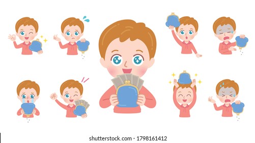 Ilustración de la parte superior del cuerpo de un niño con una billetera.El arte vectorial es tan fácil de editar.