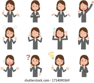 Illustration of upper body of business woman with various facial expressions and poses