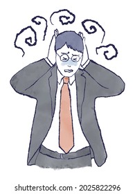 Illustration of upper body of businessman covering his ears, panic, tinnitus, information overload, suit, watercolor