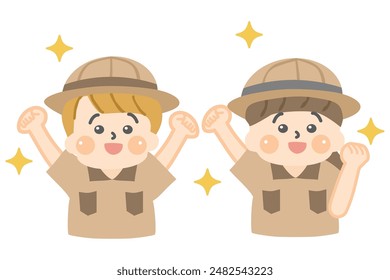 Illustration of upper body of children wearing explorer clothes making a fist pump.