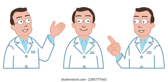 Illustration of the upper body of a doctor in three poses, explaining, smiling, pointing, and wearing a white coat