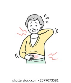 Illustration of the upper body of an elderly woman grimacing from itching all over her body