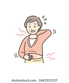 Ilustração da parte superior do corpo de uma mulher idosa fazendo careta de coceira em todo o corpo