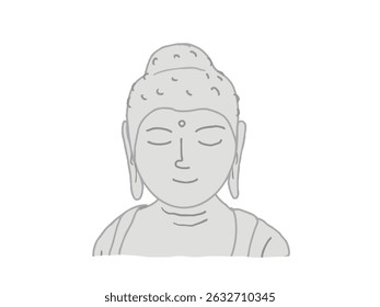 Ilustración de la parte superior del cuerpo y la cara de una estatua sonriente de Shaka Nyorai Buddha