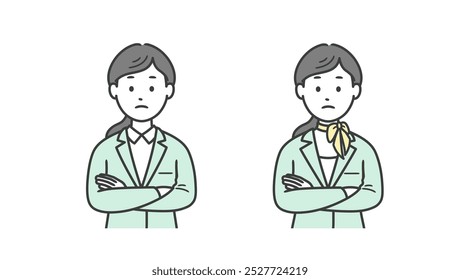 Illustration of an upper body of a female business man with her arms folded and thinking deeply
