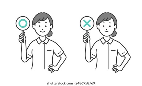 Illustration of an upper body of a female nurse holding a circle and a cross sign and putting her hands on her hips