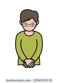 Illustration of an upper body of an intellectual-style young man bowing his head and apologizing