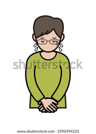 Illustration of an upper body of an intellectual-style young man apologizing while sweating profusely