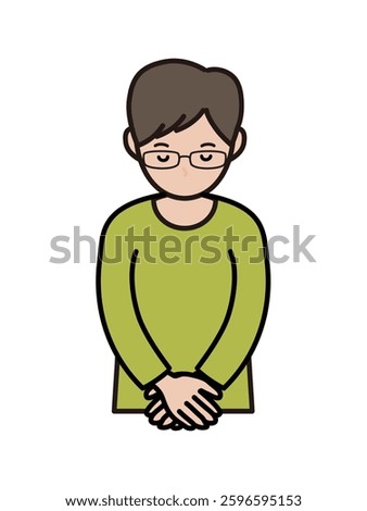 Illustration of an upper body of an intellectual-style young man bowing his head and apologizing