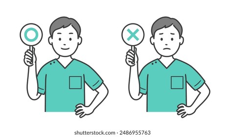Illustration of an upper body of a male dentist holding a circle and a cross sign and putting his hands on his hips