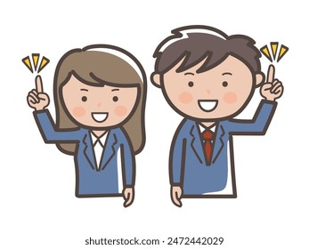 Illustration of upper body of male and female businessman explaining points_navy blue suit