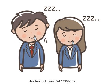 Illustration of upper body of male and female businessman dozing off at work