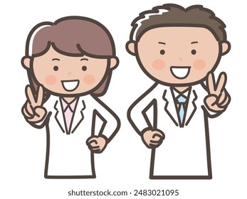 Ilustración de la parte superior del cuerpo de médicos (enfermeras) hombres y mujeres sonriendo y posando para la paz