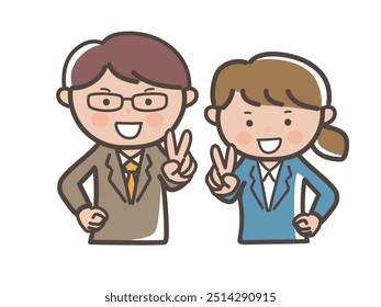 Illustration of the upper body of a male and female businessman, a boss and subordinate making a peace sign with a smile