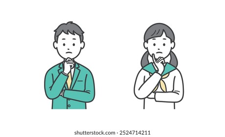 Illustration of the upper body of a male and female student who are worried with their hands on their face