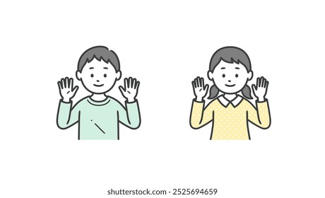 Illustration of upper body of male and female children raising their hands in a cheer