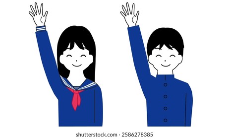 Illustration of the upper body of a male and female student with hands raised.