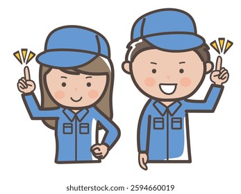 Illustration of the upper body of a male and female worker (cleaner) wearing work clothes to explain the points