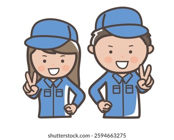 Illustration of the upper body of a male and female worker (cleaner) wearing work clothes making a peace sign cheerfully