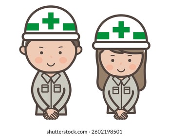 Illustration of the upper body of a male and female construction worker serving customers with a smile