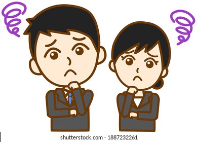 
Illustration of the upper body of a man and a woman in a discontented recruit suit