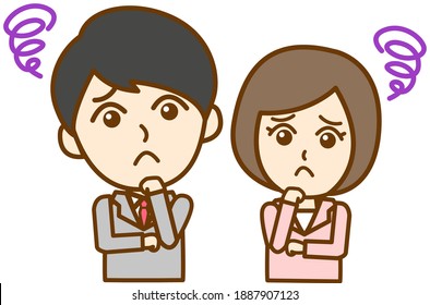 Illustration of the upper body of a man and a woman who are dissatisfied with wearing a suit