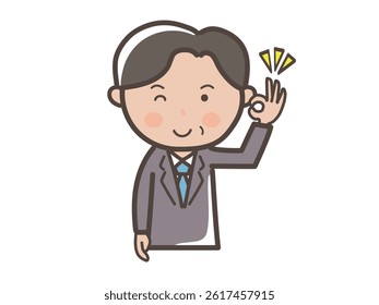 Illustration of an upper body of a middle-aged male businessman sending an OK sign of understanding