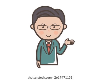 Illustration of an upper body of a middle-ranking, elite-style male businessman giving an explanation or guidance