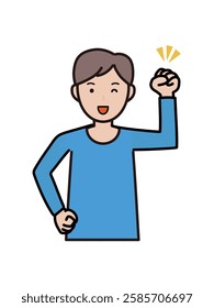 Illustration of an upper body of a motivated young man posing with his fist in the air