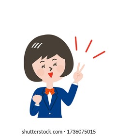 Illustration of the upper body of a schoolgirl doing a peace sign