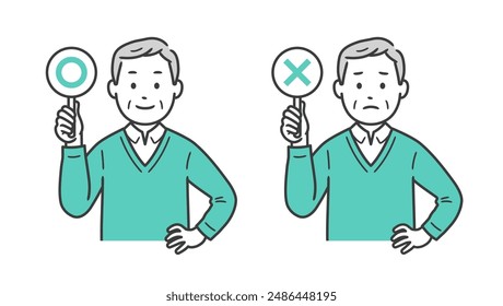 Illustration of the upper body of a senior man holding a circle and a cross sign and putting his hand on his hip