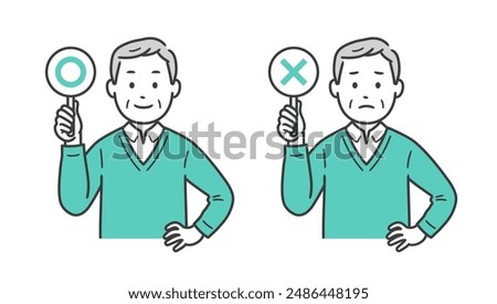 Illustration of the upper body of a senior man holding a circle and a cross sign and putting his hand on his hip