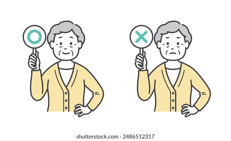 Illustration of the upper body of a senior woman holding a circle and a cross and putting her hands on her hips