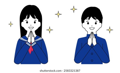 Illustration of the upper body of a smiling male and female student with a sparkling smile.