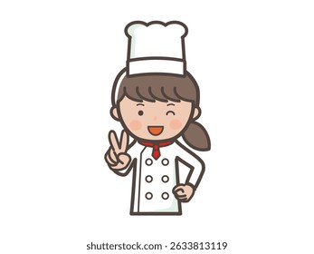 Illustration of the upper body of a smiling young female chef making a peace sign