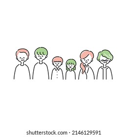 Illustration of the upper body of a three-generation family