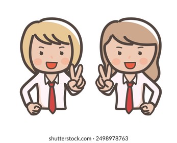 Illustration of the upper body of two kogal-style high school girls smiling and making peace signs