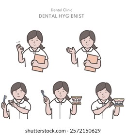 Illustration of an upper body of a woman giving tooth brushing instruction