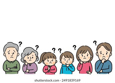 Illustration of the upper body of a worried three-generation family.