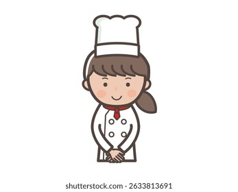 Illustration of the upper body of a young female chef welcoming customers in a customer service pose