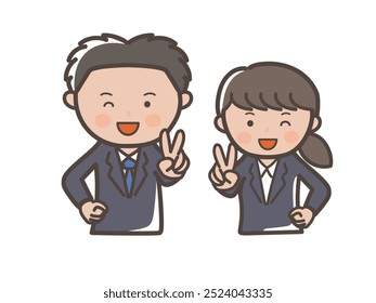Illustration of the upper body of a young male and female businessman in a recruitment suit making a peace sign with a smile
